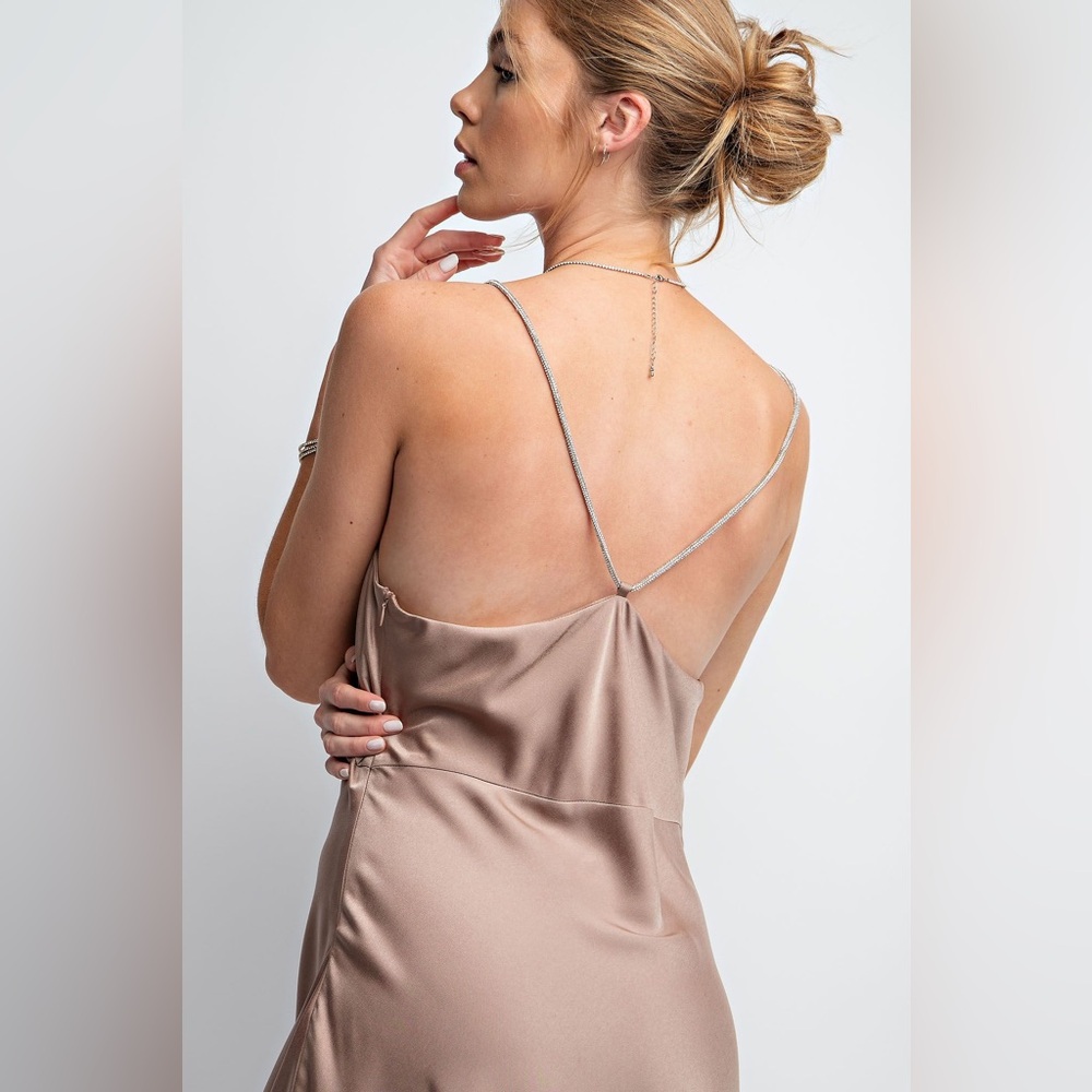 Easel | The Gilded Hour Satin Cowl Neck Midi Slip Dress Bridesmaid Tan New Small - Picture 6 of 11